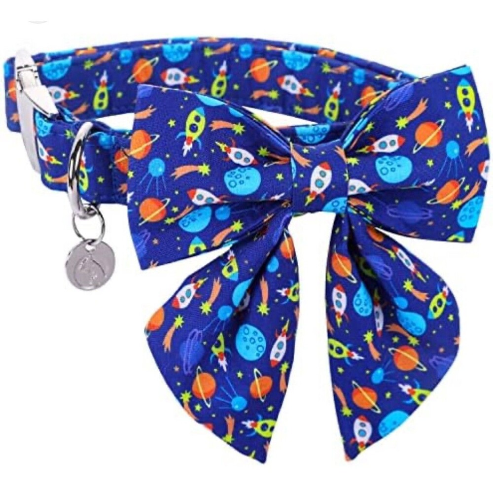 Dogwong Collar With Removeable Bow In Blue Space Adjustable Med/Lg Dog New